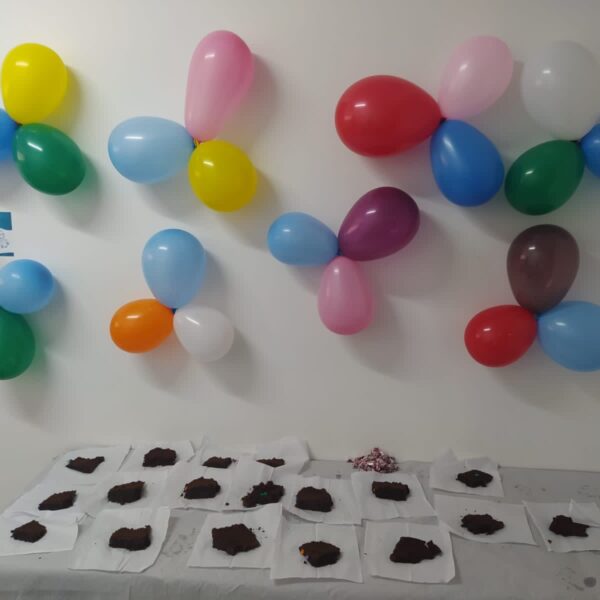 Imagem de uma mesa com várias fatias de bolo. Na parede, balões decoram o espaço.
